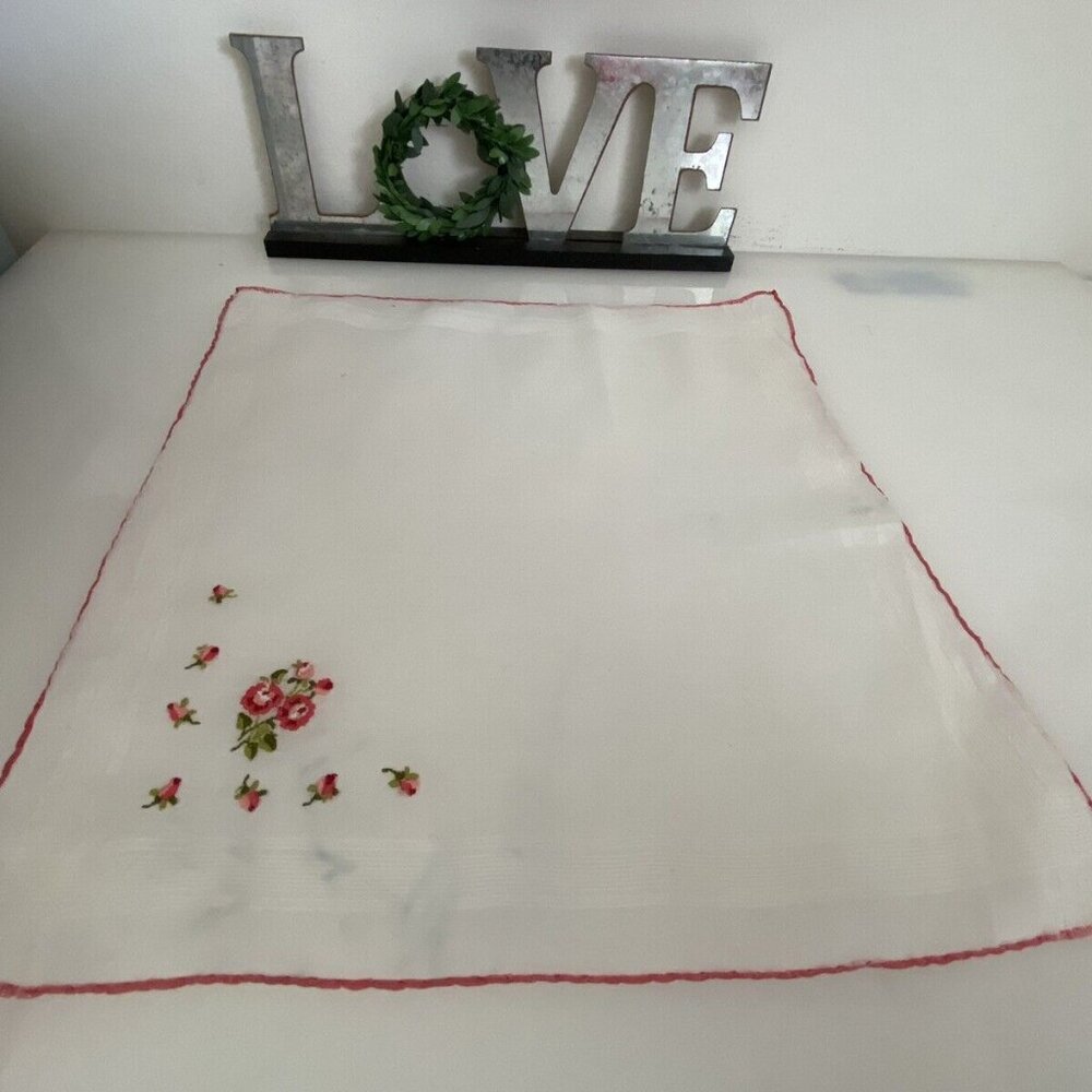 Vintage Mid Century Cotton Embroidered Red Roses Scarf Handkerchief‎ 11" Square - Picture 6 of 16